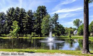 fountain in crandall pond on a sunny day