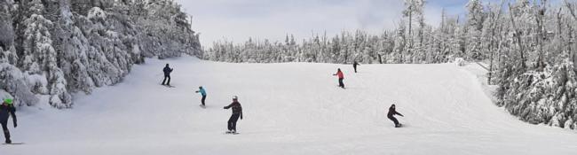skiers and snowboarders going down a snowy hill