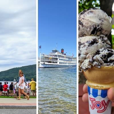 split image with people walking by lake, cruise ship on lake, and ice cream cone