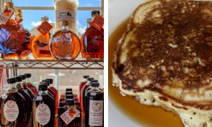 split image with stacked maple syrup products on the left and a pancake with syrup on the right