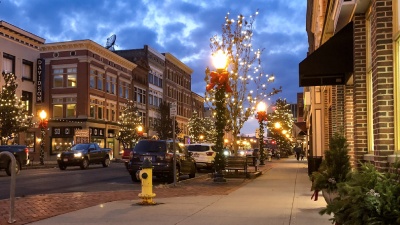 downtown Glens Falls with holiday lights up
