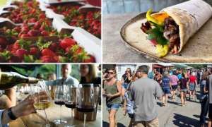 collage of strawberry festival photos of food, wine, people