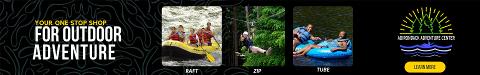 Adirondack Adventure Center hero ad with the words Your One Stop Shop For Outdoor Adventure and images of rafting, tubing