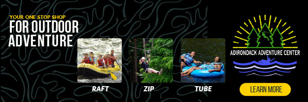 Adirondack Adventure Center hero ad with the words Your One Stop Shop For Outdoor Adventure and images of rafting, tubing