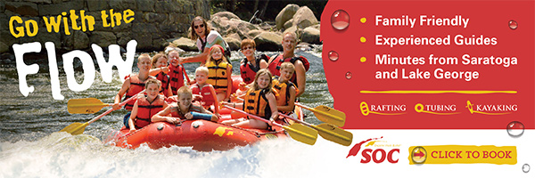 red banner advertising whitewater rafting with sacandaga outdoor center