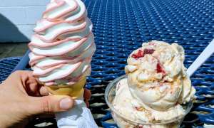pink and white swirl ice cream cone and strawberry cheesecake ice cream dish