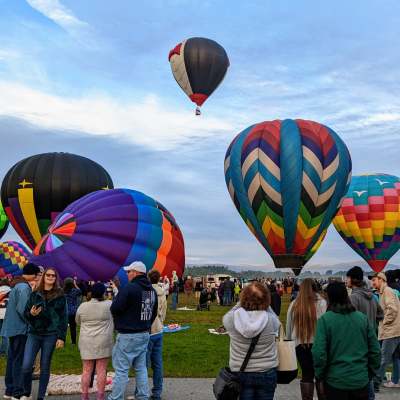 people at balloon festival looking at brightly colored hot air balloons about to lift up