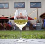 an Adirondack Winery wine glass outdoors on lawn