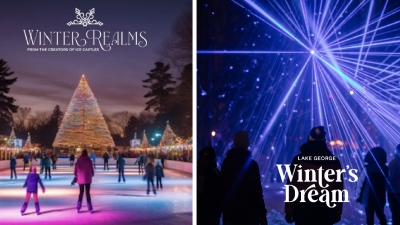 Winter Realms promo image on the left and Lake George Winter's Dream promo image on the right