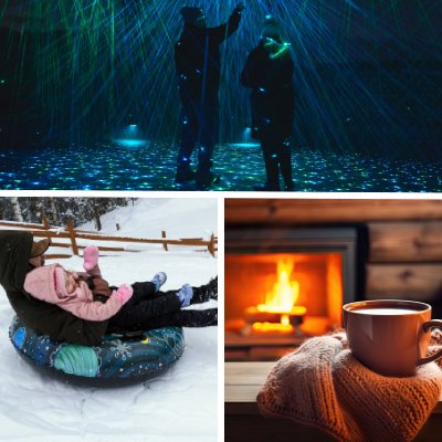 collage with dad and daughter snow tubing, people standing in lights at winter's dream, and coffee mug by fire
