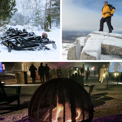 snowmobiles, a hiker standing on top of a summit in winter, and an outdoor firepit with people around outdoors