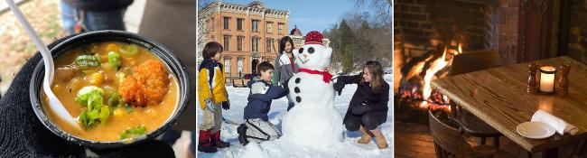 family building a snowman in congress park, cup of chowder from saratoga chowderfest, fireside dining table