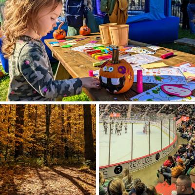 girl paints pumpkin, fall hiking trail, hockey game