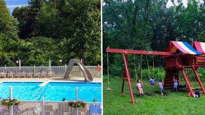 pool with water slide and playground