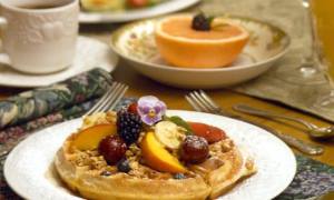 breakfast plate with waffles and fruit