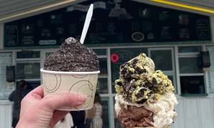 ice cream dish and ice cream cone held up