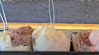 bowls of chocolate, vanilla, and strawberry ice cream
