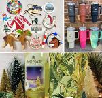 collage of gift items ornaments, tumblers, and wine