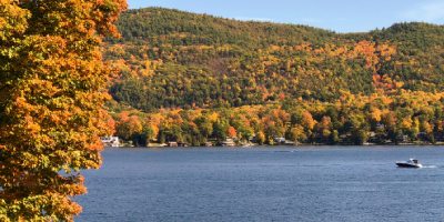 boat on lake george in fall