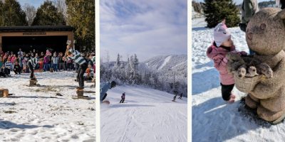 lumberjack competition, people downhill skiing, and little girl looking at bear statue in winter