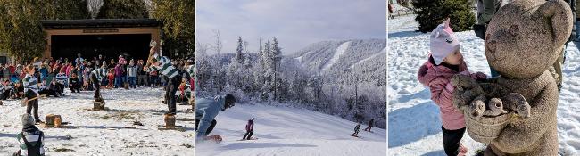 lumberjack competition, people downhill skiing, and little girl looking at bear statue in winter