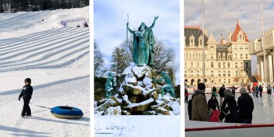 kid with snow tube, statue in winter, and albany skate plaza