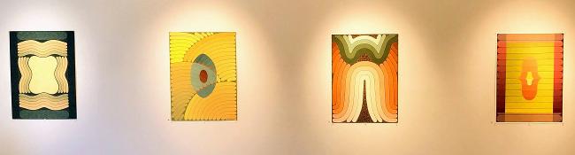 four abstract paintings on a wall by jenny kemp