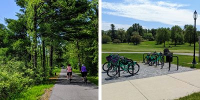 people biking on warren county bikeway on the left, cdphp rental bikes on the right