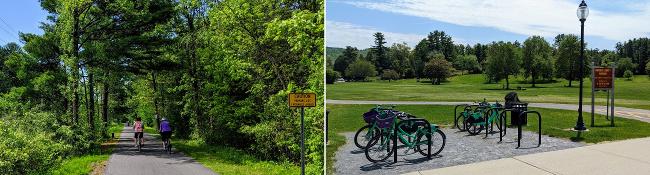 people biking on warren county bikeway on the left, cdphp rental bikes on the right