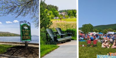 lake george sign, adirondack chairs in park, and people at event in park