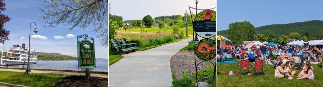 lake george sign, adirondack chairs in park, and people at event in park