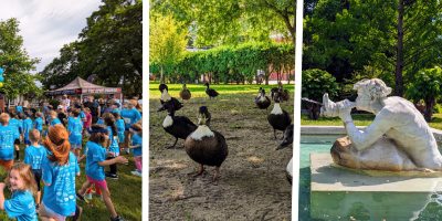 cantina kids fun run, congress park ducks, and congress park statue spitting water