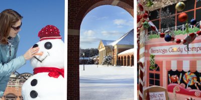 woman builds snowman on the left, saratoga spa state park architecture in winter, g willikers store winter window display