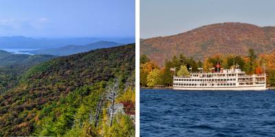 sleeping beauty mountain in the fall on the left, lake george steamboat company cruise in fall on the right