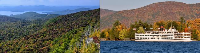 sleeping beauty mountain in the fall on the left, lake george steamboat company cruise in fall on the right