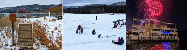 lake george sign in winter, snow tubers, pink fireworks over adirondac cruise