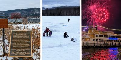 lake george sign in winter, snow tubers, pink fireworks over adirondac cruise