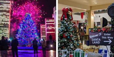 outdoor christmas tree on left, tree by santa sign in mall on the right