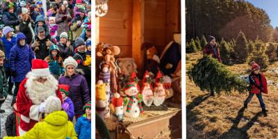 santa at holiday stroll in lake placid, holiday decor for sale, and dad and son getting christmas tree