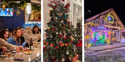 people at a holiday decorated bar, christmas trees, and lake george visitors center decorated for holidays