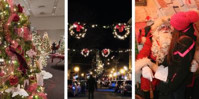 festival of trees, saratoga street decorated for holidays, and little girl on santa's lap