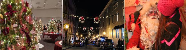 festival of trees, saratoga street decorated for holidays, and little girl on santa's lap