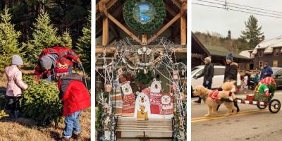 family getting christmas tree, photo spot with bench and decorations, and christmas parade