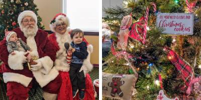 kid and baby pose with santa and mrs. claus ont he left, closeup of christmas tree on the right