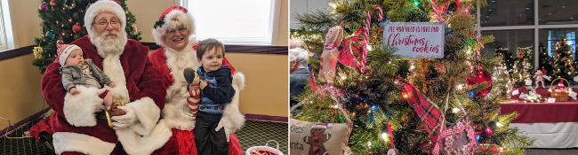 kid and baby pose with santa and mrs. claus ont he left, closeup of christmas tree on the right