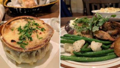 french onion soup and prime rib with green beans and potatoes