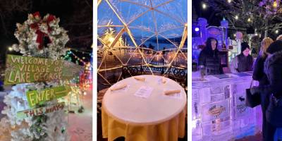 welcome to lake george winter sign, dining igloo, and ice bar