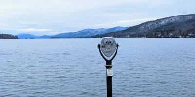 view finder looking out at lake george in winter