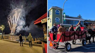 winter fireworks on the left, horse drawn carriage ride on the right