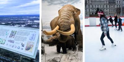 thatcher state park overlook in winter, mastodon at new york state museum, and people ice skating